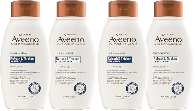 Aveeno Fresh Greens Shampoo and Conditioner Set,Sulfate Free,Clarifying & Volumizing for Thin or Fine Hair,Rosemary Peppermint Cucumber Nourish & Thicken,Color Safe Paraben Free,12 Fl Oz,(Pack of 4)