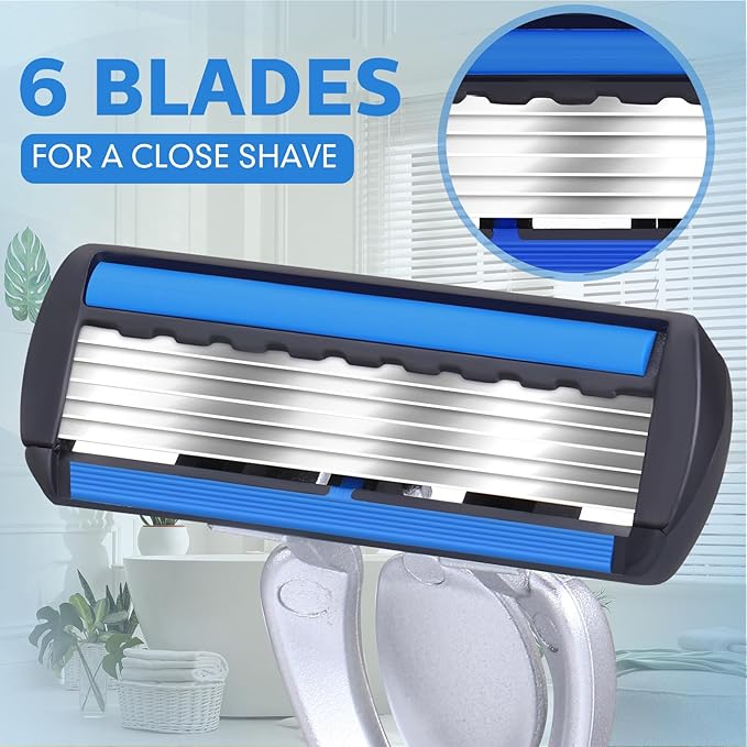 74 Pcs Disposable Men's Razors Set 6-blade Shaving for Men Sensitive Skin Refillable Razor Kit for a Comfortable Shave, 2 Handles and 72 Cartridges