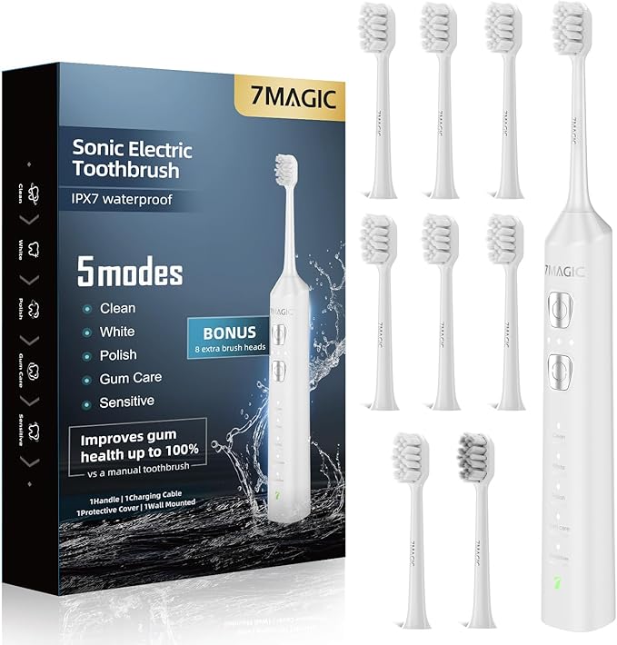 7MAGIC Sonic Electric Toothbrush for Adults and Kids - Up to 180 Days Runtime, 42000 VPM Powered Toothbrush, 5 Modes & 3 Intensities for Sensitive Teeth & Braces, Includes 8 Brush Heads, White