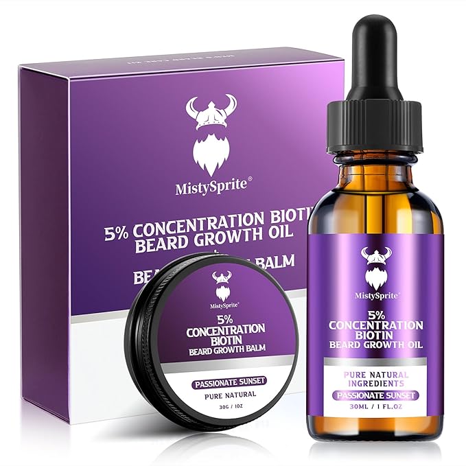 Beard Growth Kit - 5% Concentration Biotin Beard Oil for Men (2 oz) - Natural Mens Beard Oil with Argan Oil, Jojoba Oil and Vitamin, Beard Growth Softener, Moisturizer (Passionate Sunset)