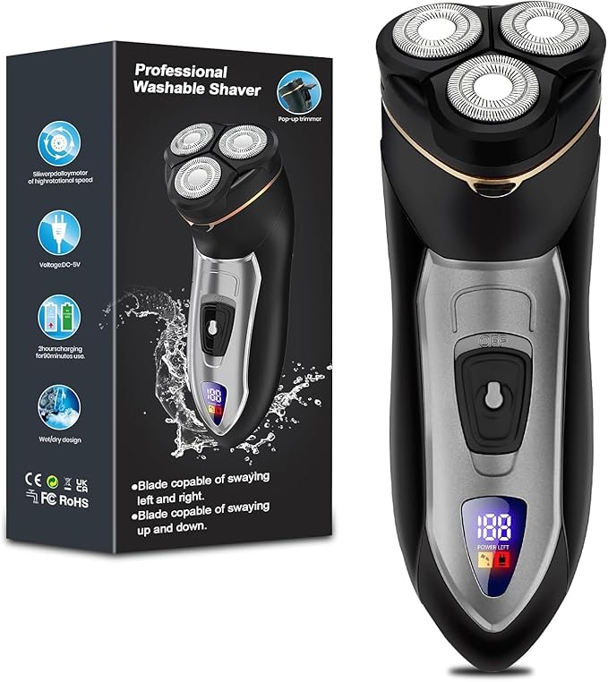 Electric Razor for Men, 3-Blade Cordless Rechargeable Rotary Shaver, IPX7 Waterproof Wet Dry Electric Shaver for Face, Beard Trimmer, Type-C Fast Charging & LED Display, Portable Travel Grooming Kit