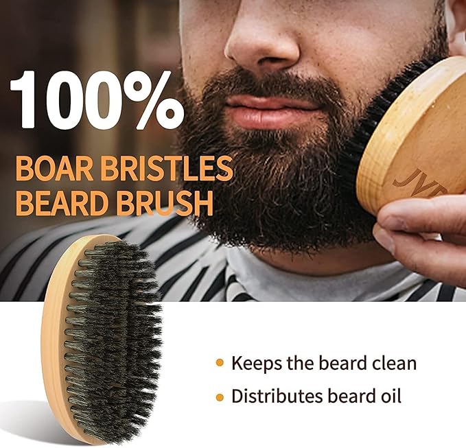 JVR Beard Grooming Kit for Men, Beard Care Kit Includes Oil and Balm,100% Boar Brush Vegan Just for Men Mustache, Perfect Gifts for Him Man Dad Boyfriend