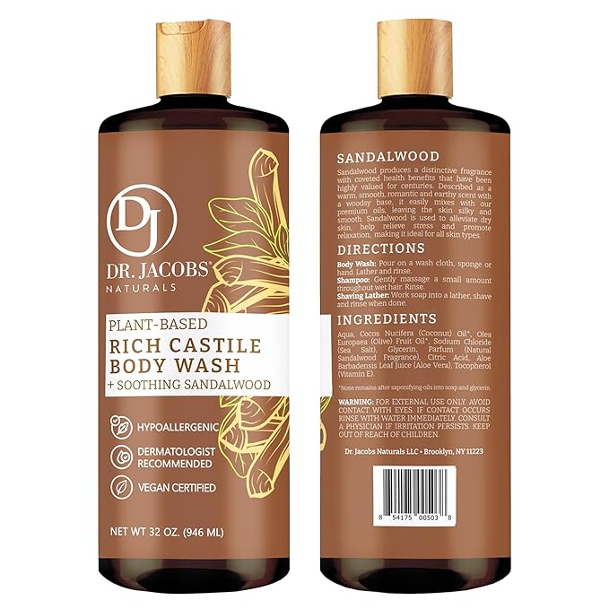 Dr. Jacobs Naturals Pure Castile Soap Liquid Body Wash, Sandalwood - Plant Based Soap Infused with Vitamin E and Aloe Vera to Moisturize Dry and Sensitive Skin - Made in The USA - 32 oz, Pack of 1
