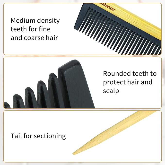 Bamboo Rat Tail Comb – Fine Tooth Hair Comb for Styling, Sectioning & Braiding, Anti-Static & Anti-Frizz, Eco-Friendly & Bakelite Durable Teasing & Parting Comb for Women, Men, Kid
