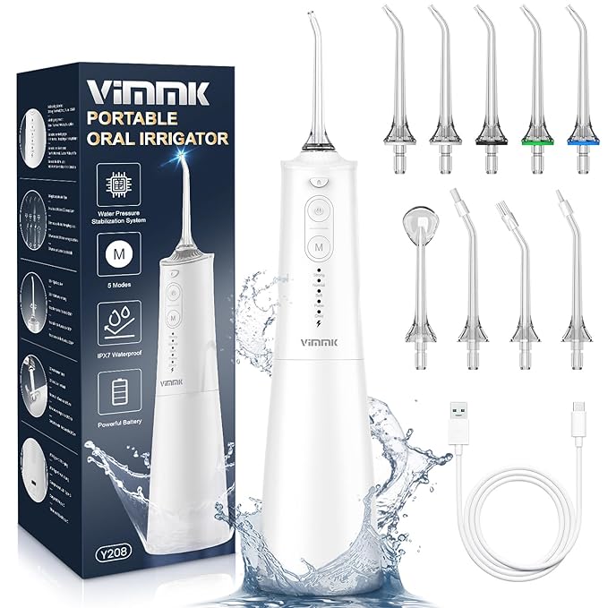 Water Flosser, Cordless Water Dental Flosser, 9 Jet Tips 5 Modes 300ML IPX7 Waterproof, Portable Rechargeable Oral Irrigator for Home Travel - Gums, Orthodontic, Braces Care - Black (White)
