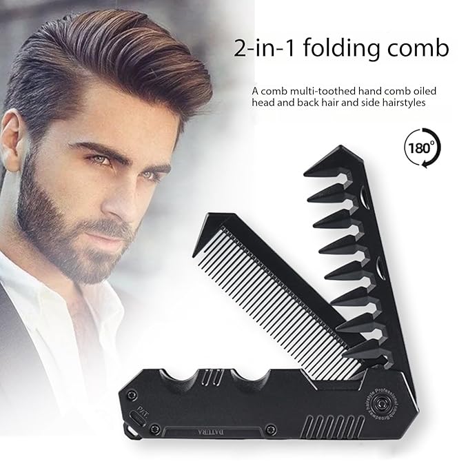 2-in-1 Portable Folding Pocket Comb for Men, Fine & Wide Tooth for Hair, Beard & Mustache Grooming, Travel-Friendly Folding Comb for Daily Use & Styling