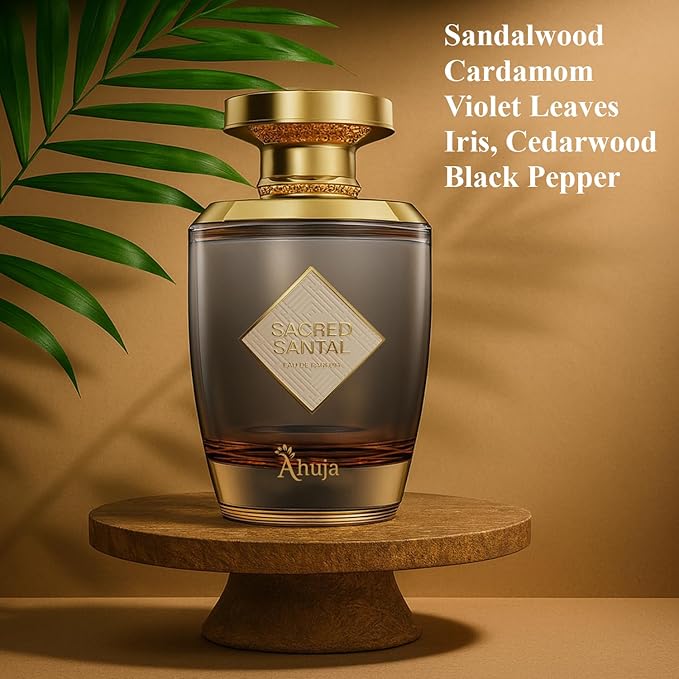 AHUJA Sacred Santal Eau de Parfum 3.4 fl oz – Unisex Luxury Perfume w/Sandalwood, Violet Leaves & Cardamom – Earthy Woody Fragrance w/Spicy Notes – Long-Lasting Cologne