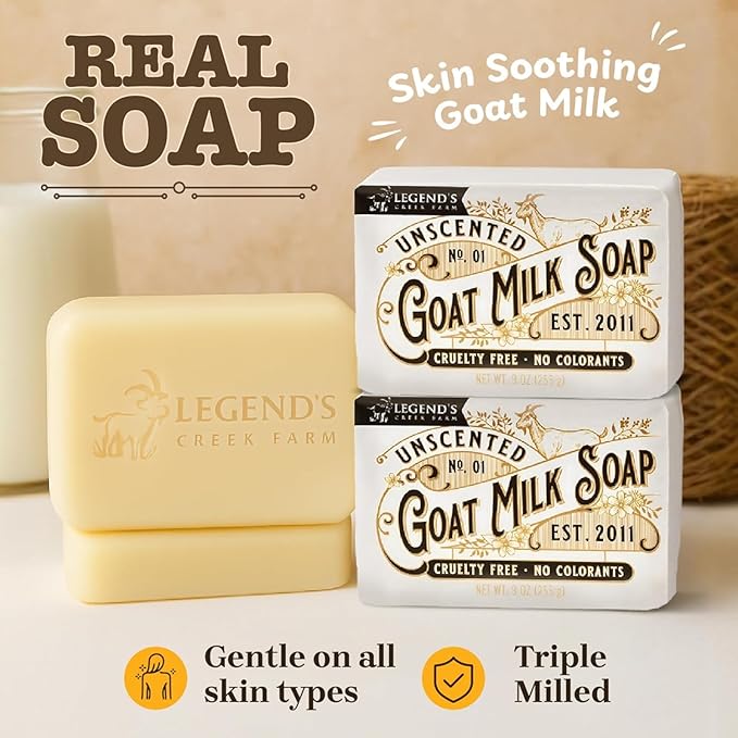 Legend's Creek Farm Goat Milk Soap - Triple Milled Cleansing Moisturizing Bar for Hands and Body - 9 Oz Creamy Lather, Nourishing, Natural Soap for Sensitive Skin (Unscented, Pack of 1)
