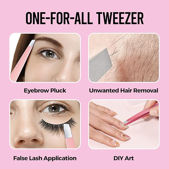 Eyesy Lash Eyebrow Hair Removal Tweezers | Slanted Tweezers for Women & Men Eyebrow, Facial Hair, Ingrown Hair, Splinter Plucking | False Eyelash Tweezers Stainless Steel (Pink)