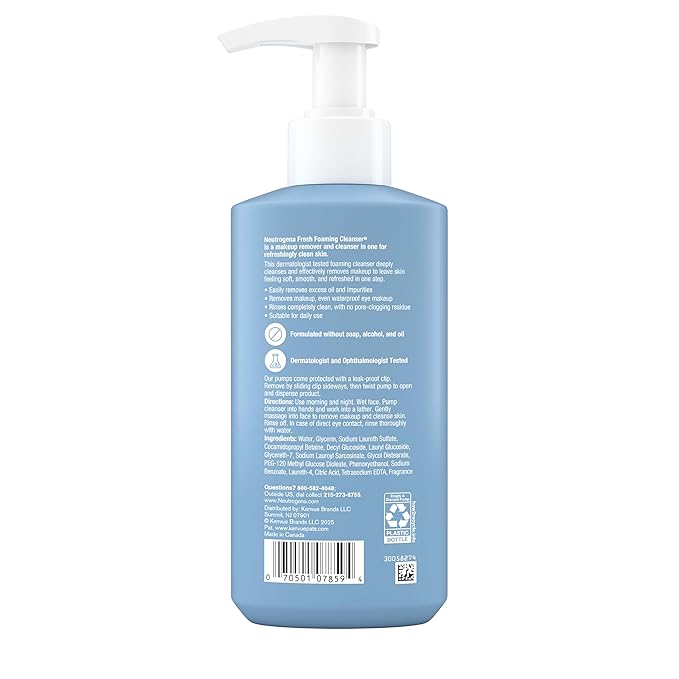 Neutrogena Fresh Foaming Facial Cleanser, All-In-One Makeup Remover Face Wash for Nor-mal to Oily Skin Deeply Cleanses & Removes Waterproof Makeup, Soap-Free, Non-Comedogenic, 8.5 fl. oz