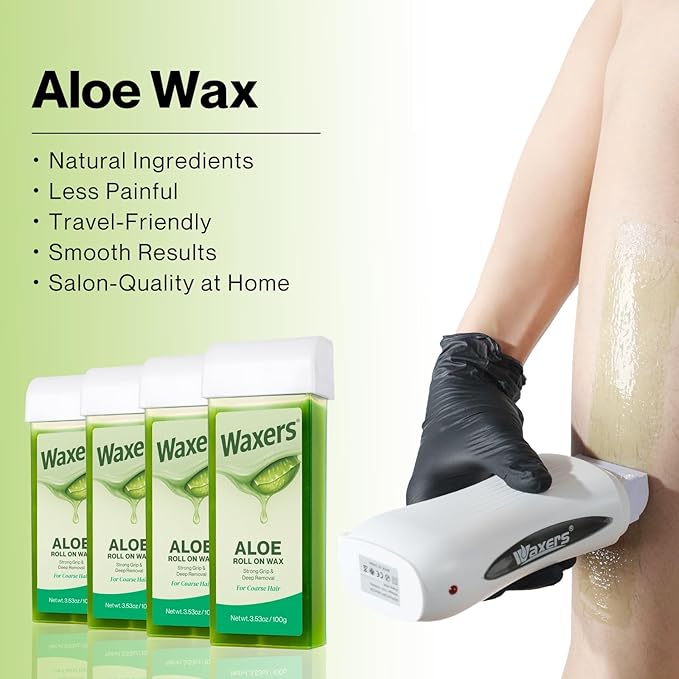 Roll on Wax Kit Aloe Vera Waxing Roller Depilatory for Women & Men Waxing Kit for Hair Removal for Larger Areas at Home with Heater & Strips