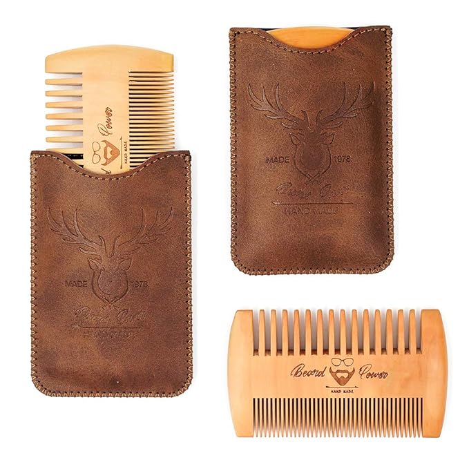 Wooden Beard Comb, 3 Pieces & Durable Cases for Men, Beard & Mustaches, Fine & Coarse Teeth, Brown Deer Design