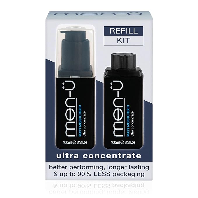 men-ü MATT MOISTURIZER REFILL KIT for men, UP TO 120 APPLICATIONS PER BOTTLE, Ultra-Concentrate Mens face moisturizer – Oil &fragrance free with sebum absorbers, 100ml x 2