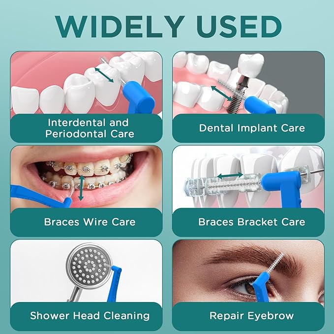 50 Angle Interdental Brushes with Extended Handle for Braces, 5 Sizes, Extra Tight(0.6mm), Tight(0.7mm), Medium(0.8mm), Wide(1.0mm,1.2mm), L- Shaped Interproximal Floss for Dental Health