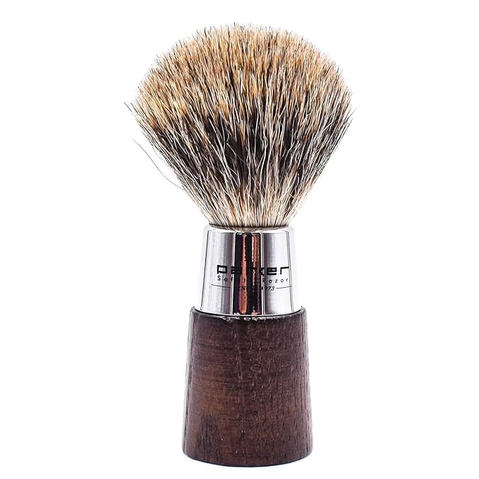 Parker 3-Band Pure Badger Shaving Brush with Stand – Long Loft Bristles for Generating a Rich Lather, Ergonomic Walnut Handle with Chrome Accents, Handmade Wet Shaving Brush | Iconic Brand