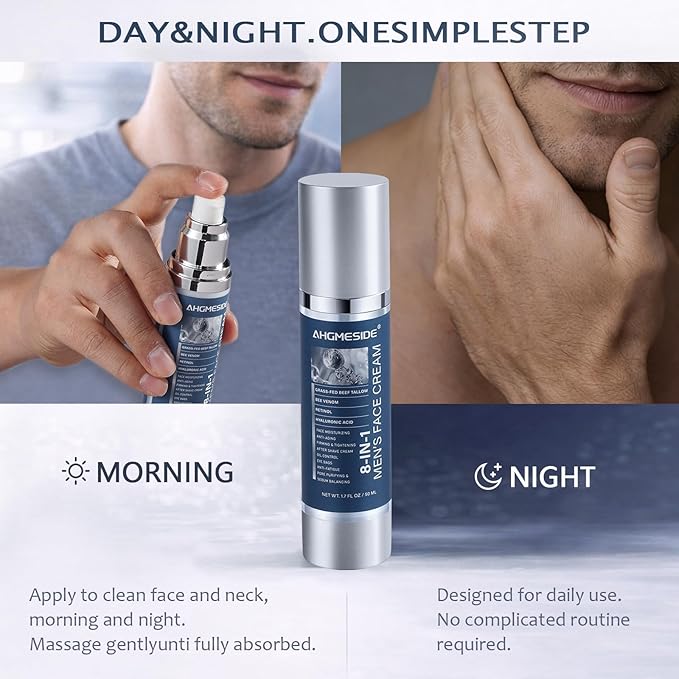 8-in-1 Face Cream for Men,Anti-Aging Daily Moisturizer with Hyaluronic Acid & Shea Butter,Helps Smooth Wrinkles & Reduce Puffiness, Lightweight Men's Formula, 1.7 oz