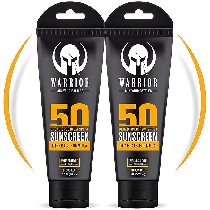 WARRIOR - WIN YOUR BATTLES - SPF 50 Sunscreen Lotion - 80 Minutes Water Resistant | Burn Relief Gel for Skin Made in USA Aloe with Aloe Vera Gel with Lidocaine 4% | 3 Fl Oz - Pack of 2 and 4 FL OZ