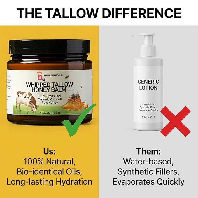 Beef Tallow & Honey Balm, All-Natural Moisturizer with Raw Honey & Olive Oil, Grass-Fed Tallow Cream for Face & Body, Deeply Nourishing Skin Care for Women & Men, Rich Moisture