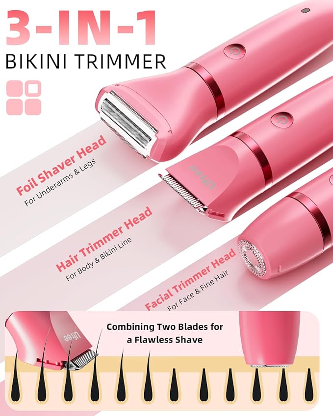 Ufree Bikini Trimmer Electric Razors for Women, Rechargeable Pubic Hair Trimmer Electric Shaver for Legs Body Hair, Bikini Shaver IPX7 Waterproof, Rose Red