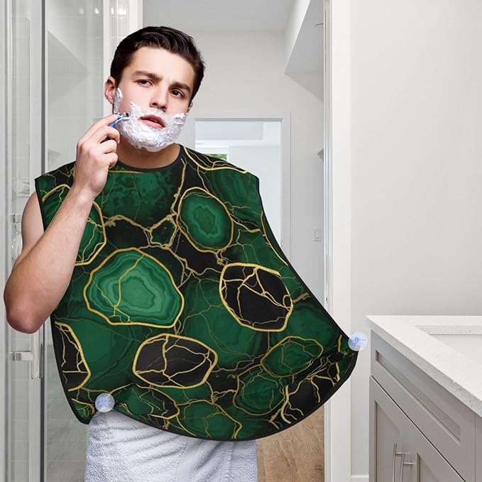 Men's Beard Maintenance Apron, Waterproof & Easy Clean, Emerald Green Marbled Gold Glitters Green Marble