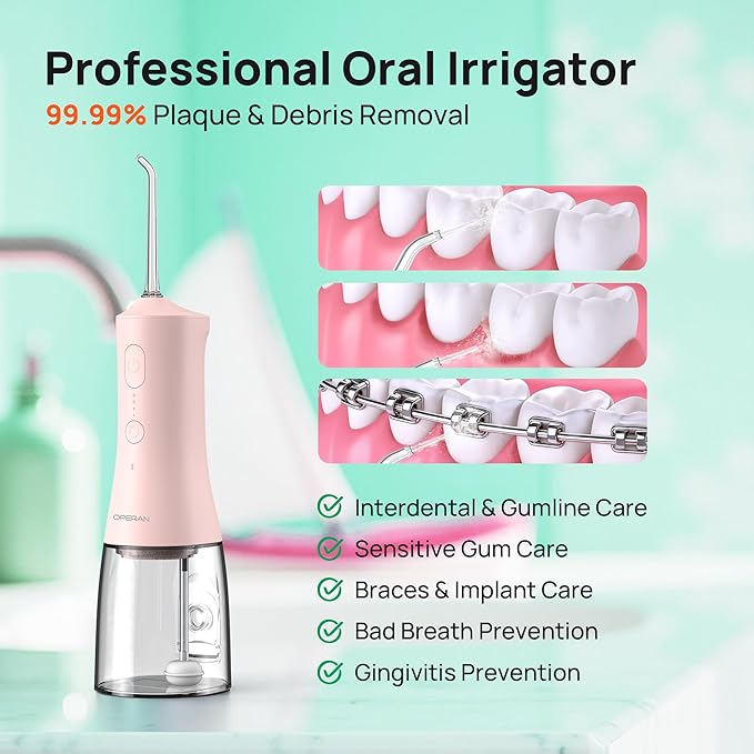 Operan 300ml Cordless Water Dental Flosser, Portable Water Flossers for Teeth, 4 Pulse Modes IPX7 Waterproof Oral Irrigator with 4 Tips, 21 Days Runtime for Travel, Home, Braces, Gum Care, Pink+1Pack