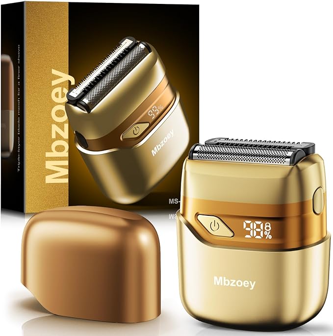 Electric Foil Shavers for Men, Mini Electric Razor, Compact Face Shaver, IPX7 Waterproof Wet Dry Cordless Razor, LED Display, USB-C, Travel-Friendly, Light Gold