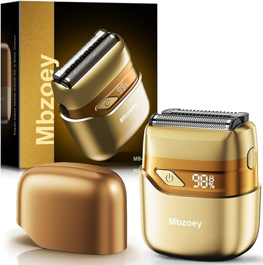 Electric Foil Shavers for Men, Mini Electric Razor, Compact Face Shaver, IPX7 Waterproof Wet Dry Cordless Razor, LED Display, USB-C, Travel-Friendly, Light Gold