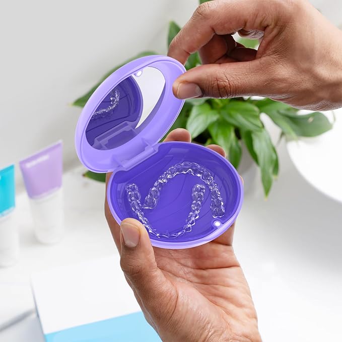 2 Pack Retainer Case with Mirror, Compatible with Invisalign, Orthodontic Aligner Case with Removal Tool and Brush, Purple