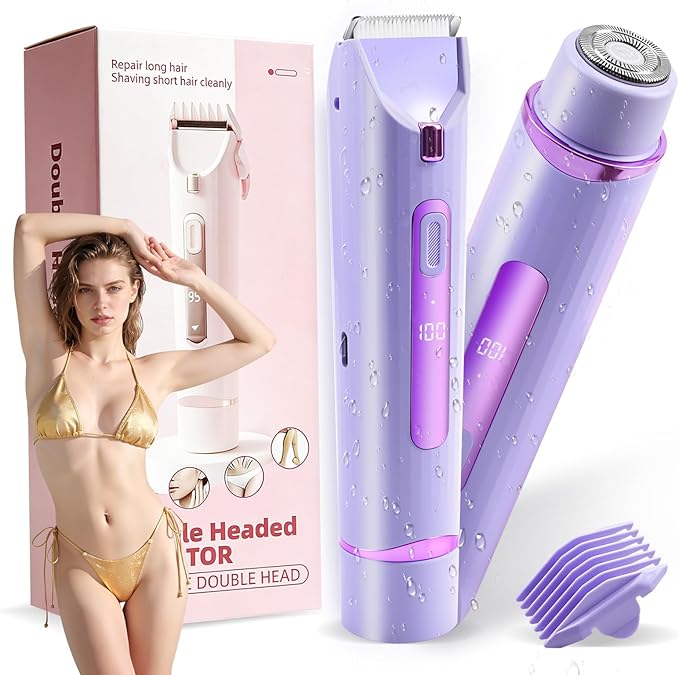 Bikini Trimmer for Women,2-in-1 Electric Shaver, Rechargeable Pubic Body Hair Trimmer Electric Shaver for Legs Body Hair,Dual Head Electric Razors Shaver, for Ladies Pubic, Face, Underarms, Legs