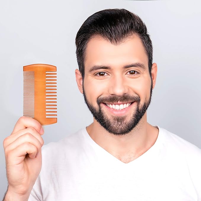 Natural Sandalwood Dual Action Beard and Mustache Comb with Leather Case (Yellow)