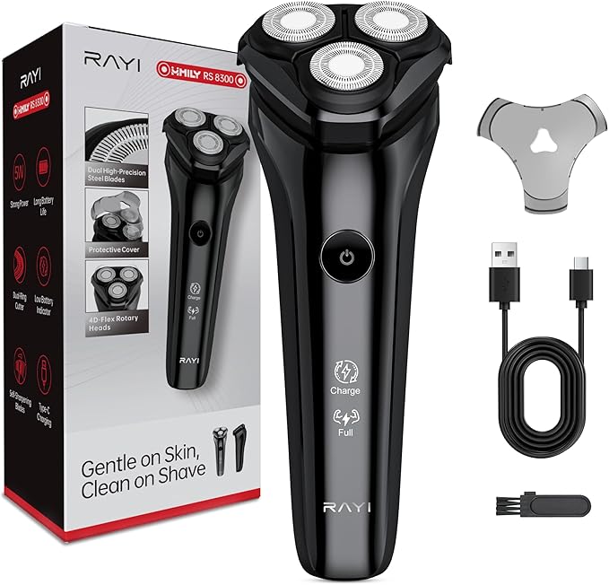 Electric Razor for Men, 90-Min Runtime, Type-C Fast Charging, Cordless Electric Shaver for Men with Stainless Steel 4D Rotary Blades, Low Noise, Portable Travel, Foil Shaver - Black