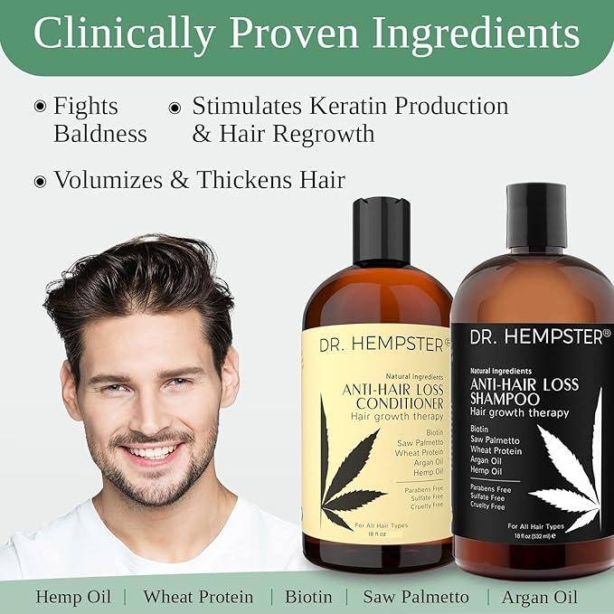 Hair Growth Shampoo and Conditioner Set for Thinning Hair and Hair Loss for Men and Women 17 oz - Hemp Oil, Biotin, Natural and Organic Ingredients - Hair Thickening and Volumizing