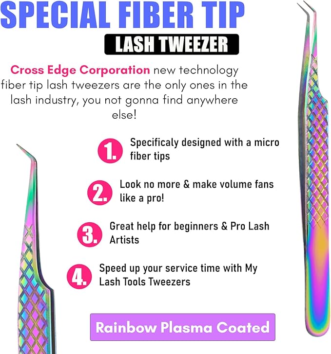 My Lash Tools Fiber Tip Lash Tweezers for Eyelash Extension Curved 45 Degree Angled Tweezer Best for Volume, Individual Isolation & Classic Lashes Stainless Steel Lash Supplies (Rainbow)