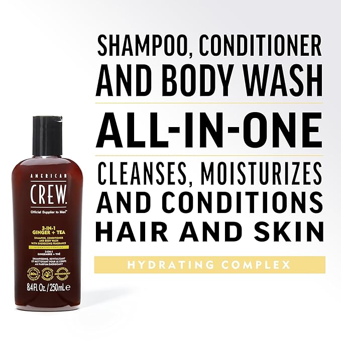 AMERICAN CREW 3-in-1 Ginger & Tea, Shampoo, Conditioner & Body Wash for Men, All-in-One Care with Revitalizing and Refreshing Fragrance, 33.8 fl oz