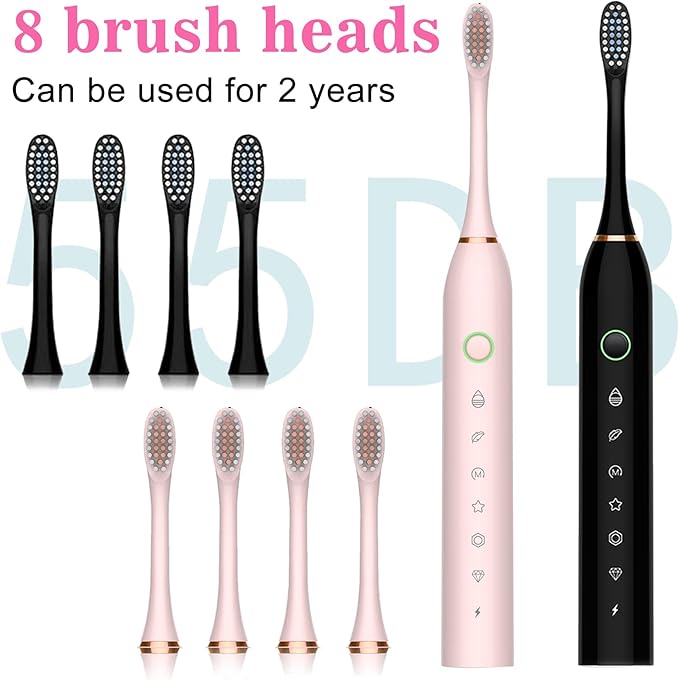 Electric Toothbrush for Adults, Rechargeable Electric Toothbrush with 8 Brush Heads, 42000vpm 6 Modes IPX7 Waterproof, 2 Pack Soft Electric Toothbrush, Black Pink