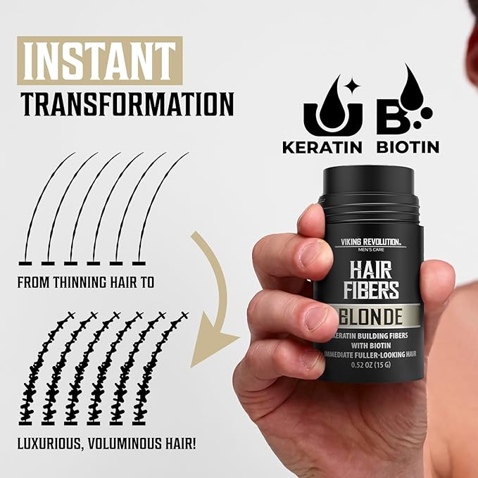 Viking Revolution Blonde Hair Fibers for Thinning Hair Men - Thick Fiber for Bald Spot Cover Up Hair Building Fibers with Kerating and Biotin - Hair Fiber for Men for Thicker and Fuller Look (0.52oz)