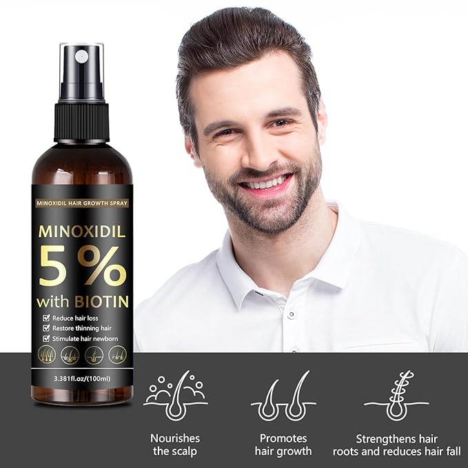 5% Minoxidil Hair & Beard Growth Spray with Biotin for Men & Women, Hair Regrowth, Treatment for Hair Loss & Thinning, for Stronger Thicker Fuller Healthier Hair, for All Hair Types (3.38 oz, Black)