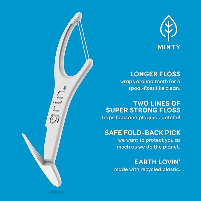 Grin Dental Floss, Minty, 75 Count, Floss Picks | Double Floss Lines | Recycled Plastic | Longer Floss Head | Fold-Back Tooth Pick