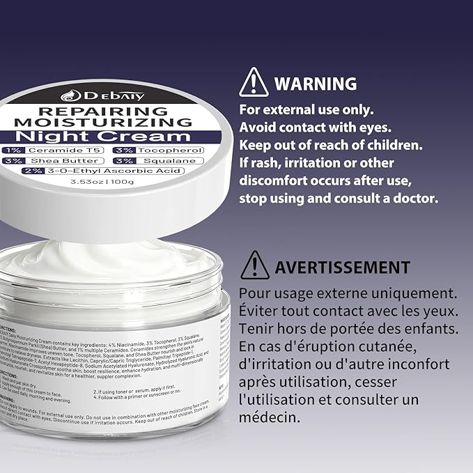 Night Cream Moisturizer Face with 3% Tocopherol, 3% Shea Butter, 2% Vitamin C, 1% Ceramides Boosts Skin Barrier for All Skin Types (3.53oz/100g)