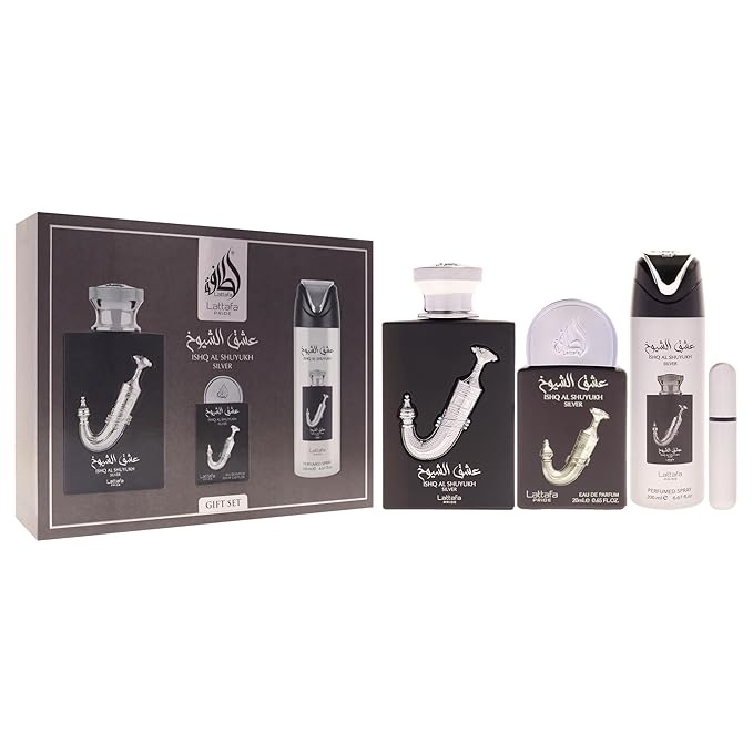 Lattafa Pride - Ishq Al Shuyukh Silver for Men - 3 Pc Gift Set 3.4oz EDP Spray, 6.67oz Perfumed Body Spray, 0.67oz EDP Spray