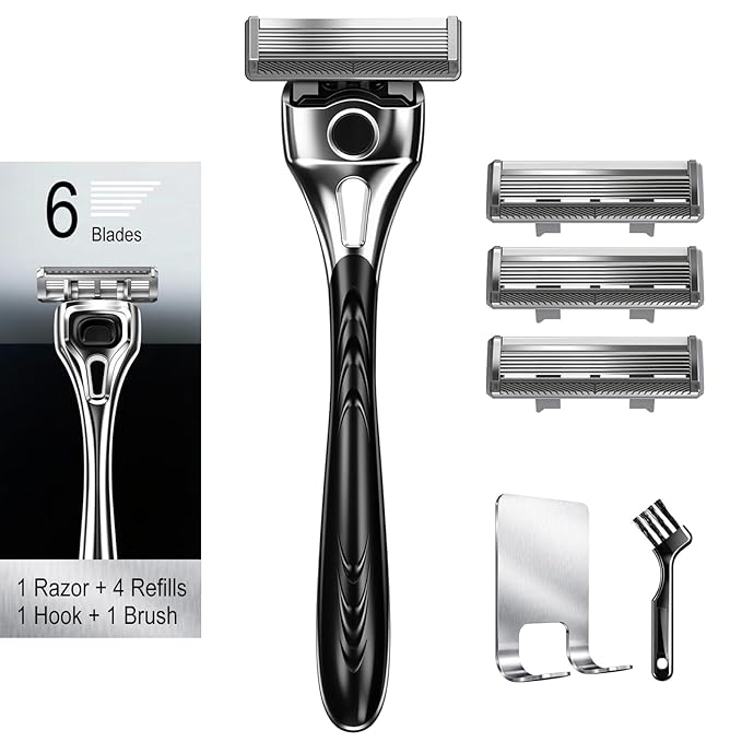 Professional 6-Blade Men's Razor with Lubricating Strip & Precision Trimmer, 45° Pivoting Head, Metal 1 Handle +4 Blade Refills, Includes Cleaning Brush & Wall Mount