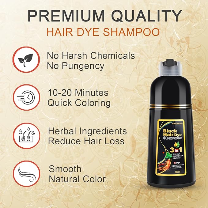 KINGMING Black Hair Dye Shampoo for Gray Coverage, 3 in 1 Herbal Instant color with 100% Cover for Women & Men (500ml)