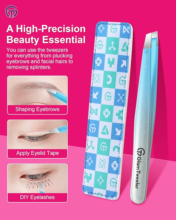 Expert Slant Tip Tweezers with Leather Case, GlamTweeler Sharp & Precision Stainless Steel Tweezer for Eyebrows, Facial Hair and Fine Hairs Removal (Sparkle Blue & Silver)