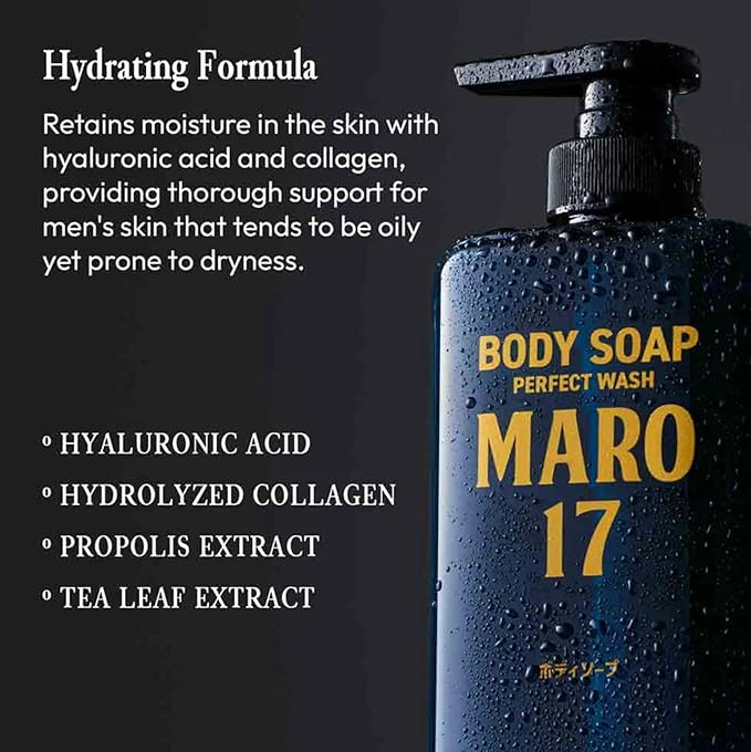 MARO17 Collagen Men’s Body Wash – Sulfate-Free Hydrating Shower Gel with Hyaluronic Acid for Deep Cleansing and Moisturizing Skin, Free from Silicone, Parabens, Alcohol, Mineral Oil – Bergamot Scent