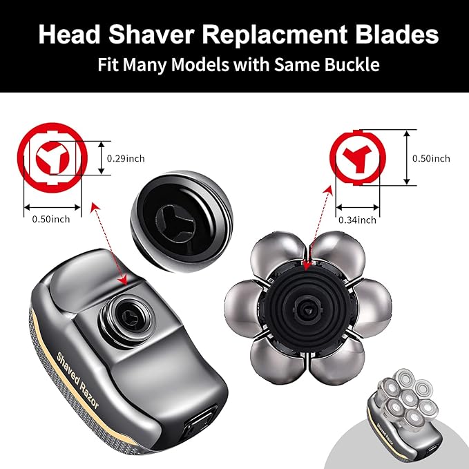 Head Shaver Replacement Heads, 7D Rotary Blades, Silver, Men's Electric Shaver Replacement Heads, 7 Pieces
