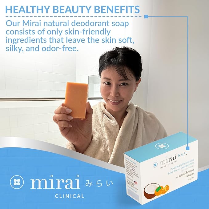 Mirai Clinical Persimmon Soap Bar for Body (100g) - Old People Smell and Nonenal® Odor Control with Japanese Persimmon and Green Tea Extract - Deodorant Soap Bar for Men & Women