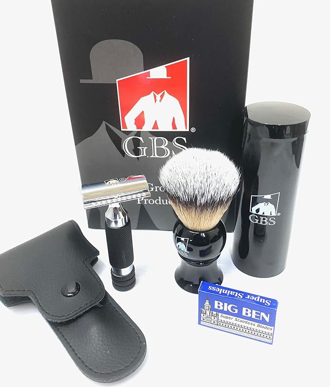 G.B.S Black Travel Shaving Brush, 4 Piece Travel Double Edge Safety Razor, and Leather Razor Case, Daily Beard Care, 10 pack of blades Snap Lock Prevent Razor Bumps