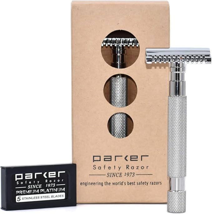 Parker 68S Stainless Steel Handle Double Edge Safety Razor with 5 Blades