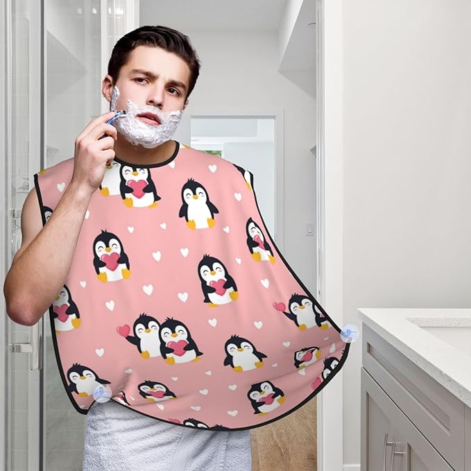 Strong Suction Cup Beard Grooming Bib, Non-Stick Hair Catcher, Waterproof, for Shaving, Cute Cartoon Penguin and Heart Pink