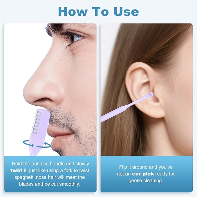 5PCS 2-in-1 Nasal Hair Cutter, Manual Nose Hair Trimmer Cutter with Ear Pick for Women & Men 360°Rotating Nose Hair Remover Grooming Tool Knife Razor Portable Nostril hair Trimmer Clipper (Purple)